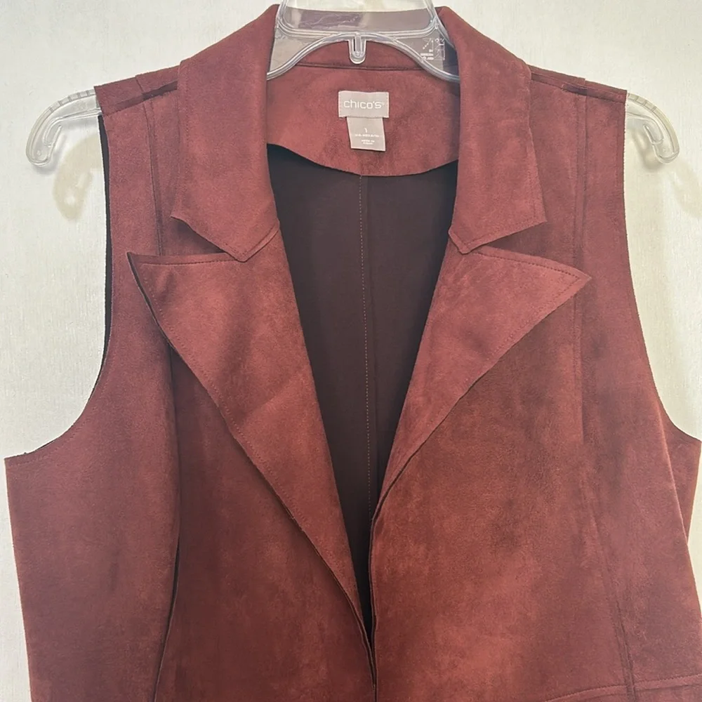 CHICO ELONGATED VEST WOMEN SIZE  8/10 BROWN FAUX SUEDE - Picture 4 of 14